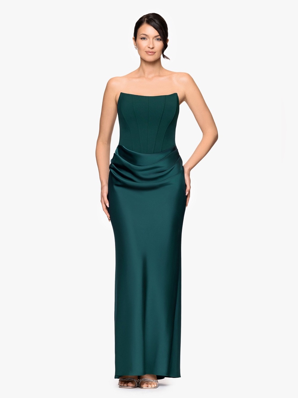 Betsy & Adam SZ 6P NWT Pine Green Strapless Satin Formal Gown Evening GALA MOB